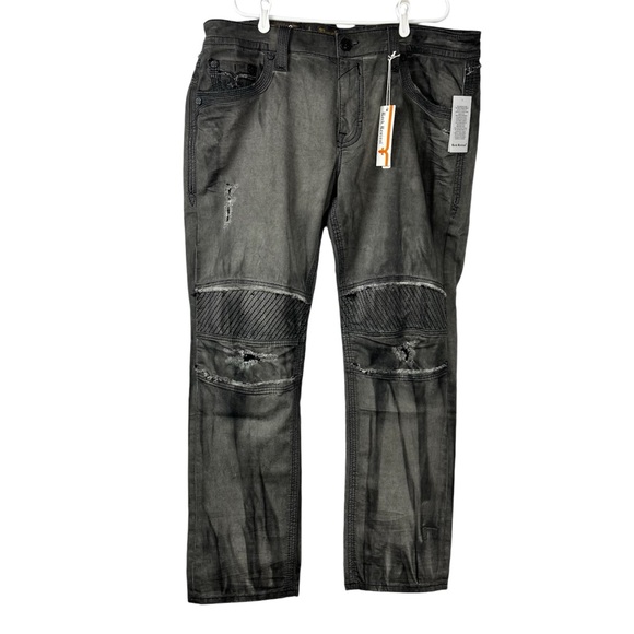 Rock Revival Men’s Jeans Size 42 Armory Biker Distressed Embroidered NWT - Picture 1 of 14